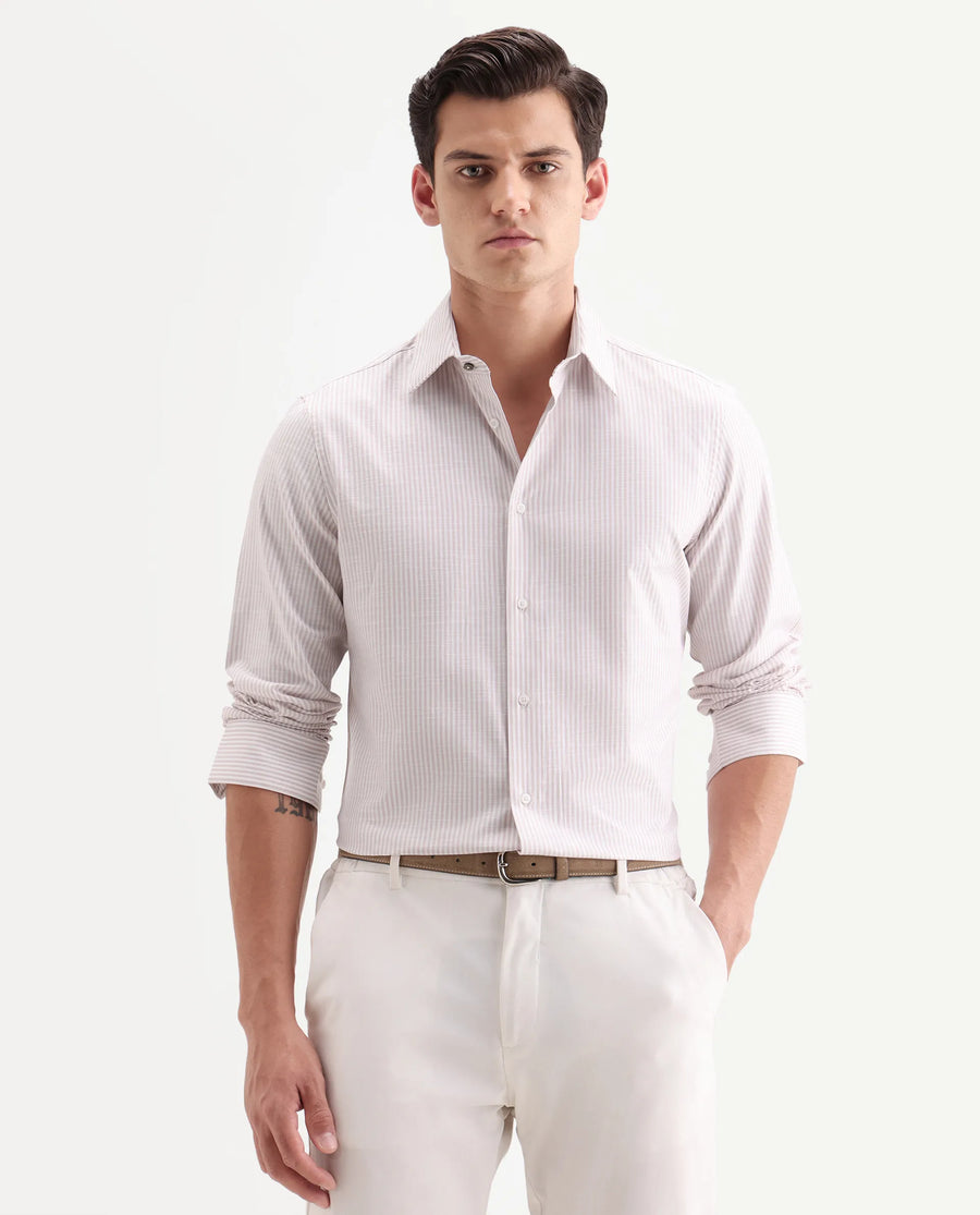 Rare Rabbit Men's Glav Light Pink Cotton Fabric Full Sleeve Spread Collar Button Regular Striped Shirt