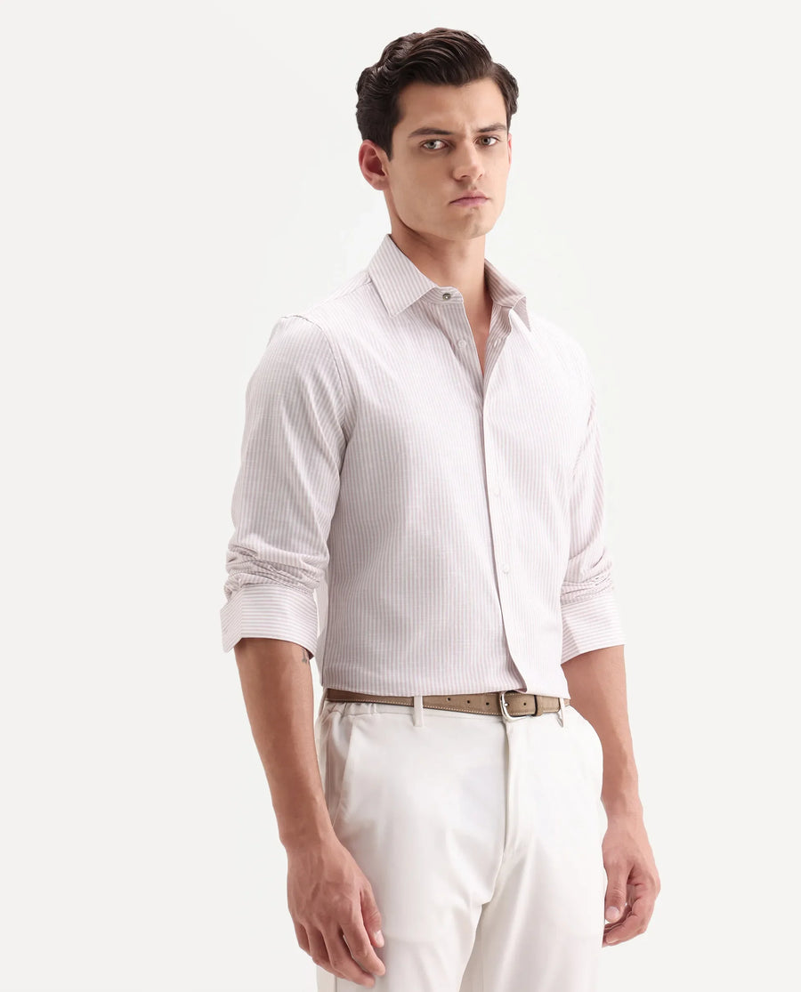 Rare Rabbit Men's Glav Light Pink Cotton Fabric Full Sleeve Spread Collar Button Regular Striped Shirt