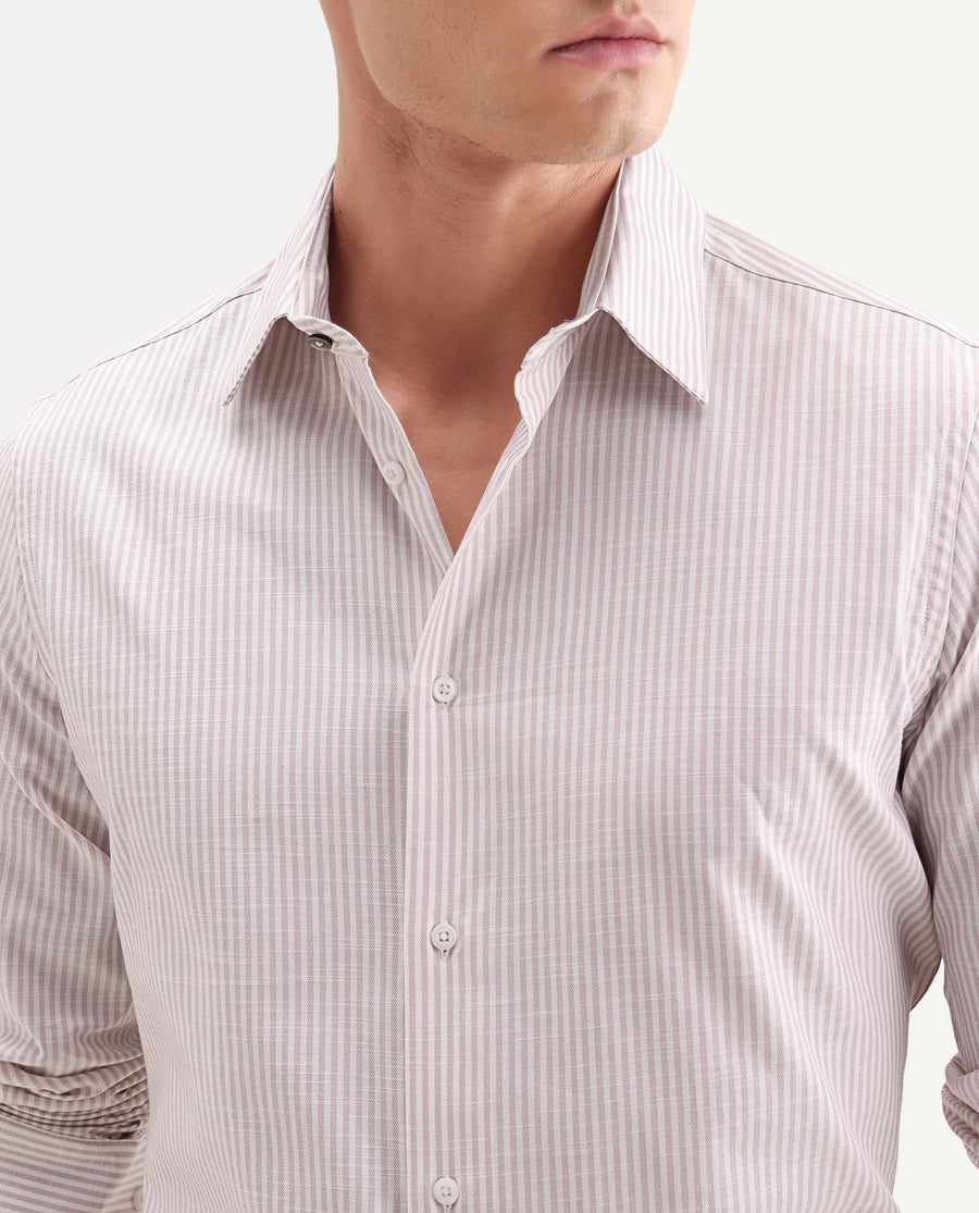 Rare Rabbit Men's Glav Light Pink Cotton Fabric Full Sleeve Spread Collar Button Regular Striped Shirt