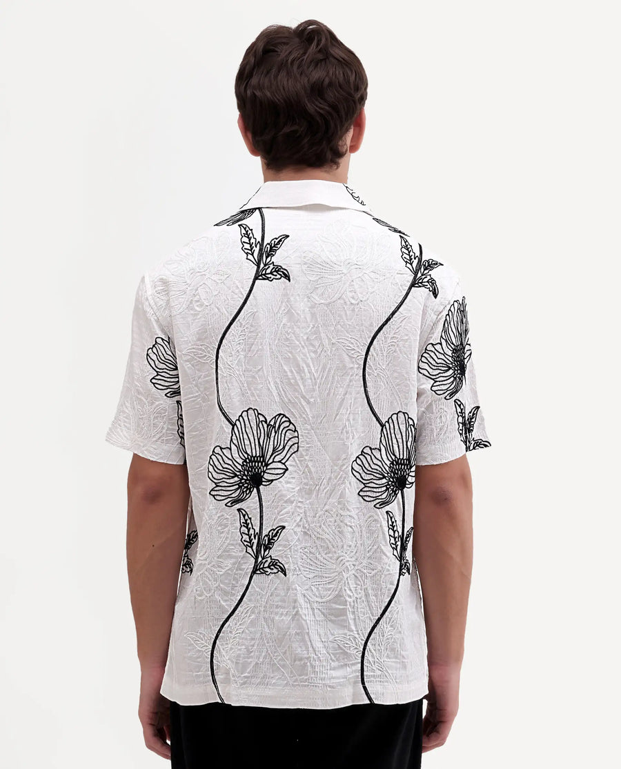 Rare Rabbit Men's Kiro White Viscose Blend Fabric Half Sleeve Cuban Collar Button Relaxed Fit Embroidered Shirt