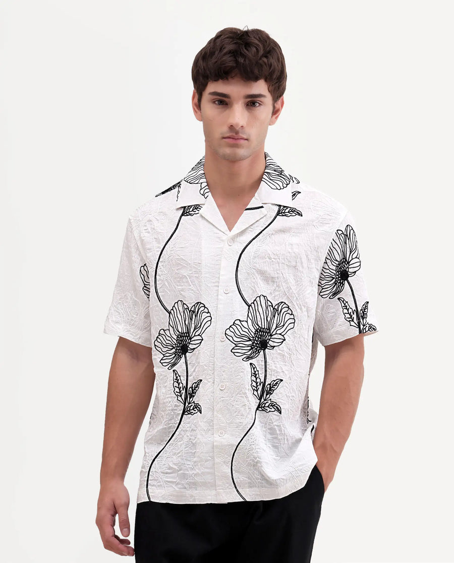 Rare Rabbit Men's Kiro White Viscose Blend Fabric Half Sleeve Cuban Collar Button Relaxed Fit Embroidered Shirt