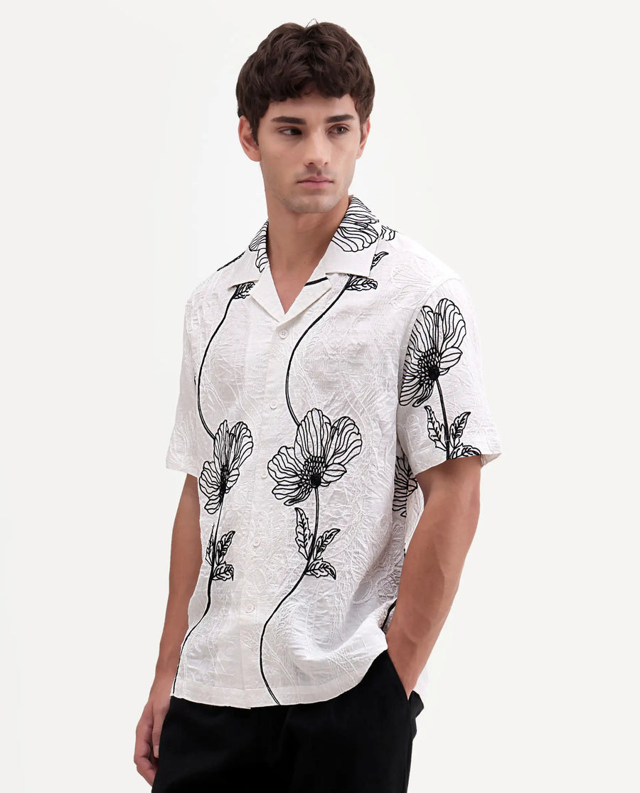 Rare Rabbit Men's Kiro White Viscose Blend Fabric Half Sleeve Cuban Collar Button Relaxed Fit Embroidered Shirt