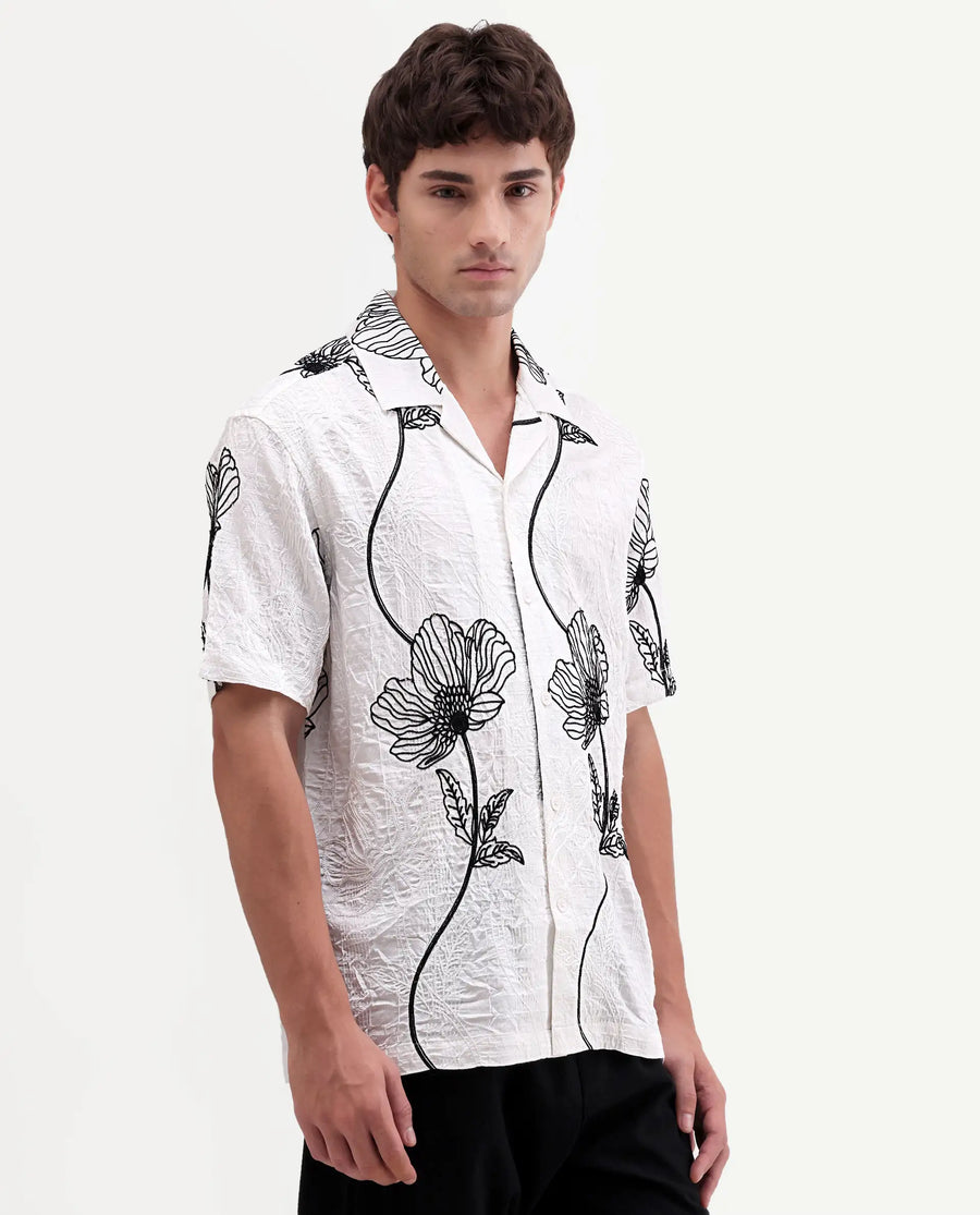 Rare Rabbit Men's Kiro White Viscose Blend Fabric Half Sleeve Cuban Collar Button Relaxed Fit Embroidered Shirt