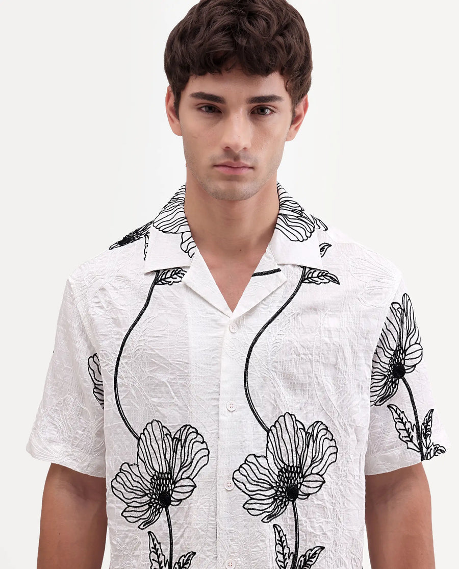 Rare Rabbit Men's Kiro White Viscose Blend Fabric Half Sleeve Cuban Collar Button Relaxed Fit Embroidered Shirt