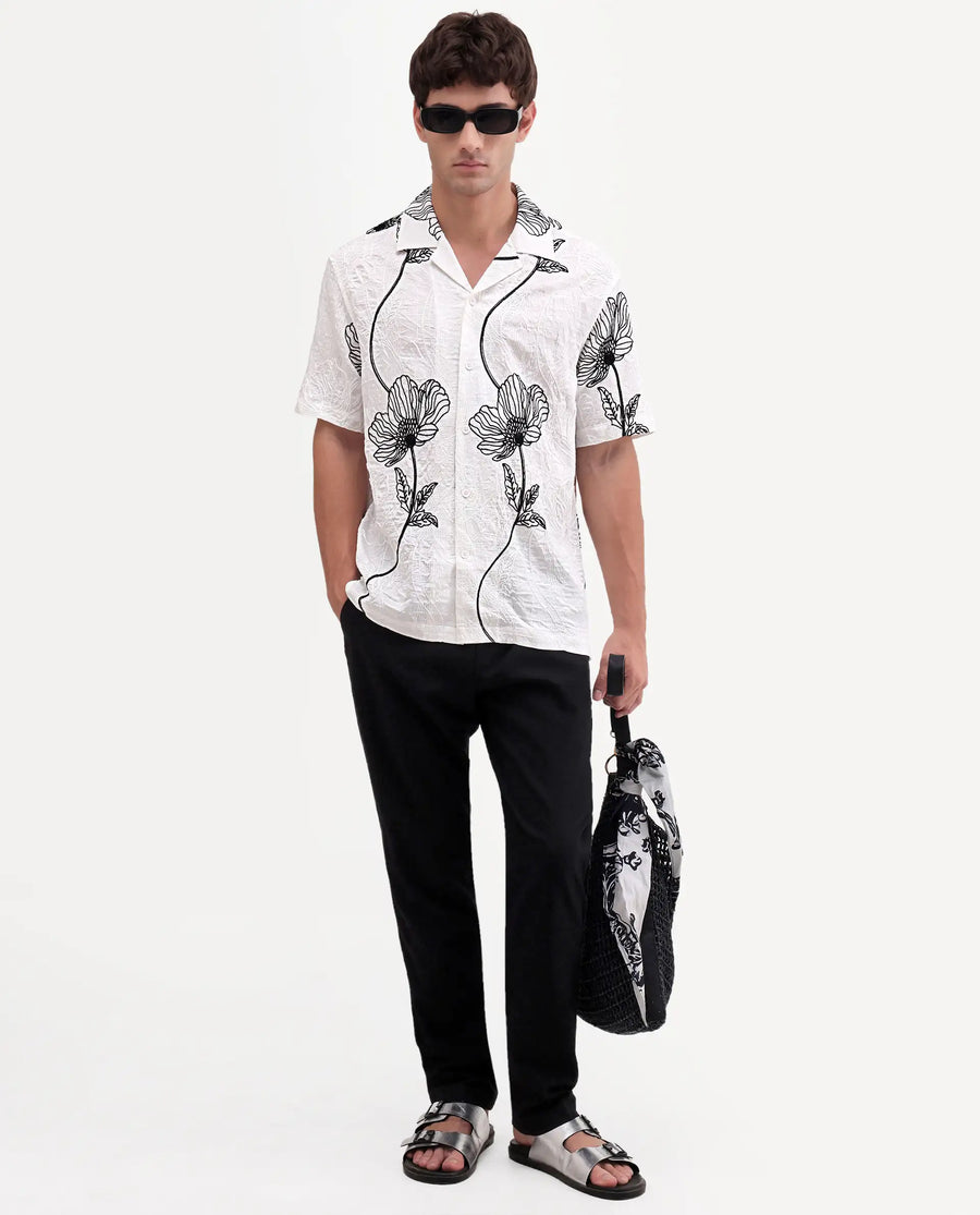 Rare Rabbit Men's Kiro White Viscose Blend Fabric Half Sleeve Cuban Collar Button Relaxed Fit Embroidered Shirt