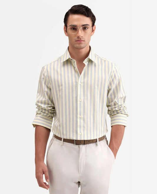 Rare Rabbit Men's Lexab Yellow Cotton Fabric Full Sleeve Spread Collar Button Regular Striped Shirt