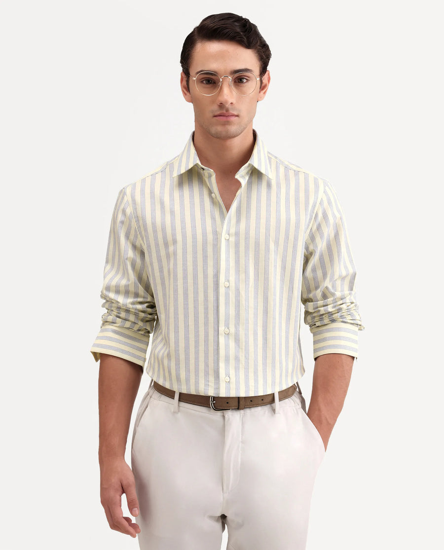 Rare Rabbit Men's Lexab Yellow Cotton Fabric Full Sleeve Spread Collar Button Regular Striped Shirt