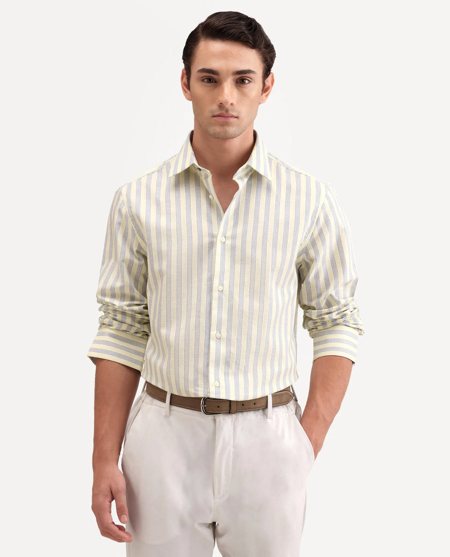 Rare Rabbit Men's Lexab Yellow Cotton Fabric Full Sleeve Spread Collar Button Regular Striped Shirt
