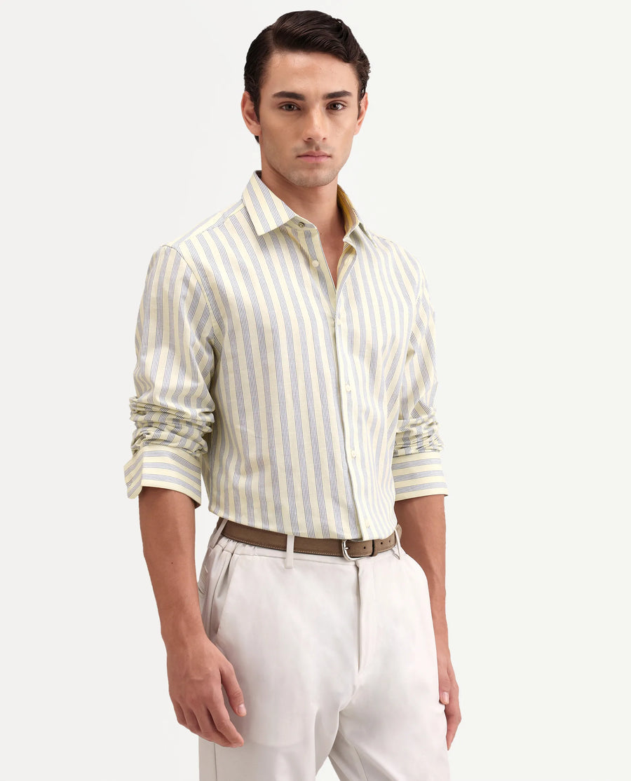 Rare Rabbit Men's Lexab Yellow Cotton Fabric Full Sleeve Spread Collar Button Regular Striped Shirt