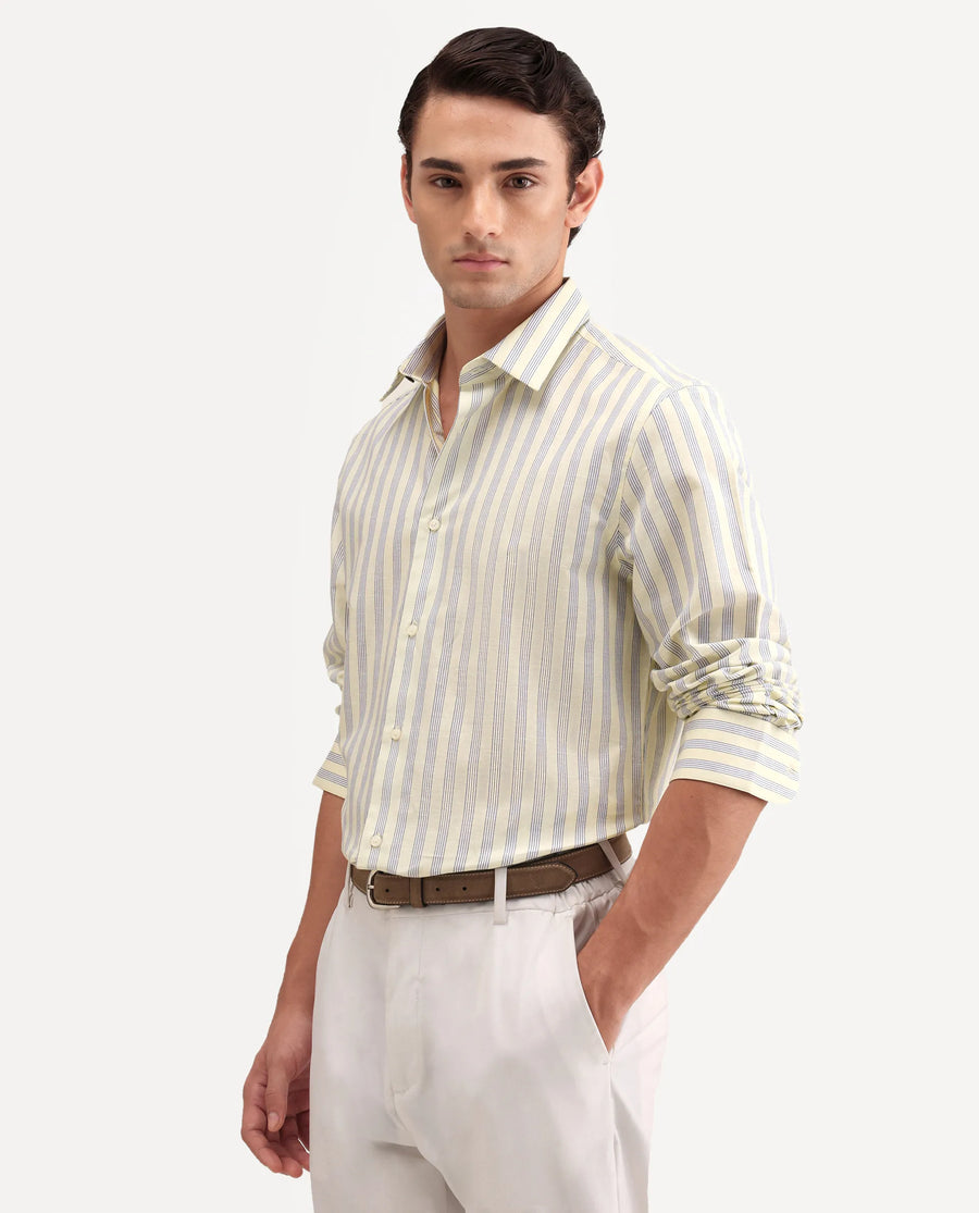 Rare Rabbit Men's Lexab Yellow Cotton Fabric Full Sleeve Spread Collar Button Regular Striped Shirt