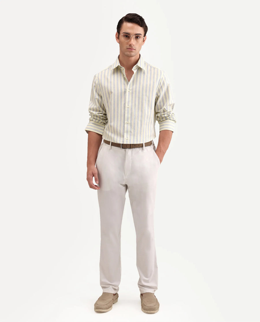 Rare Rabbit Men's Lexab Yellow Cotton Fabric Full Sleeve Spread Collar Button Regular Striped Shirt