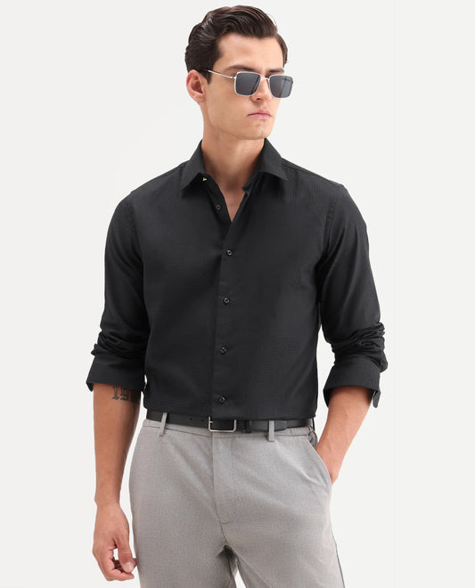 Rare Rabbit Men's Quard Black Cotton Fabric Full Sleeve Spread Collar Button Regular Textured Shirt