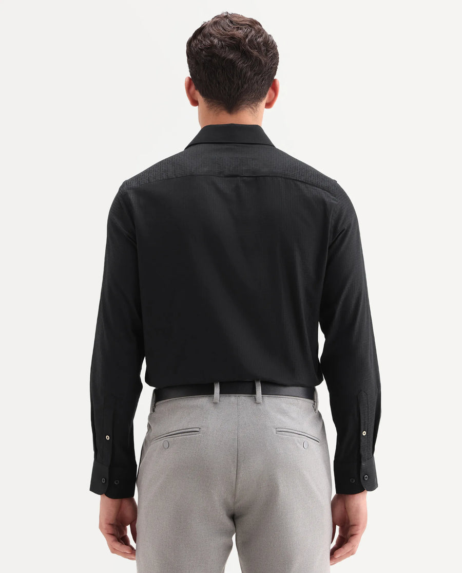Rare Rabbit Men's Quard Black Cotton Fabric Full Sleeve Spread Collar Button Regular Textured Shirt