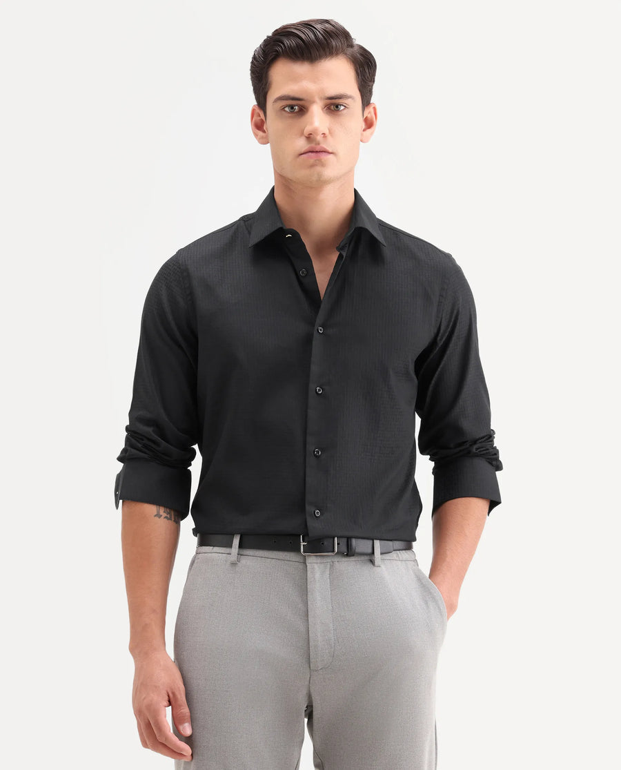Rare Rabbit Men's Quard Black Cotton Fabric Full Sleeve Spread Collar Button Regular Textured Shirt