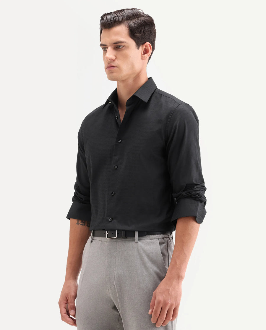 Rare Rabbit Men's Quard Black Cotton Fabric Full Sleeve Spread Collar Button Regular Textured Shirt
