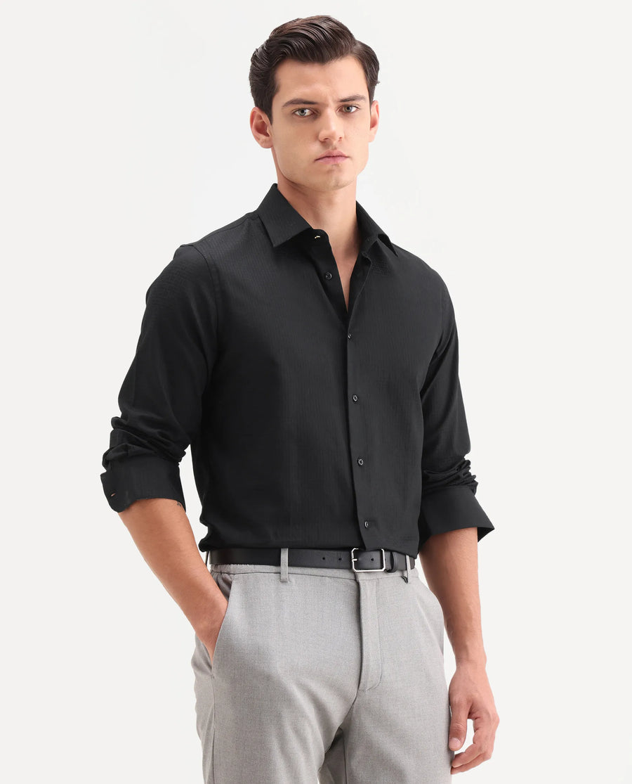 Rare Rabbit Men's Quard Black Cotton Fabric Full Sleeve Spread Collar Button Regular Textured Shirt