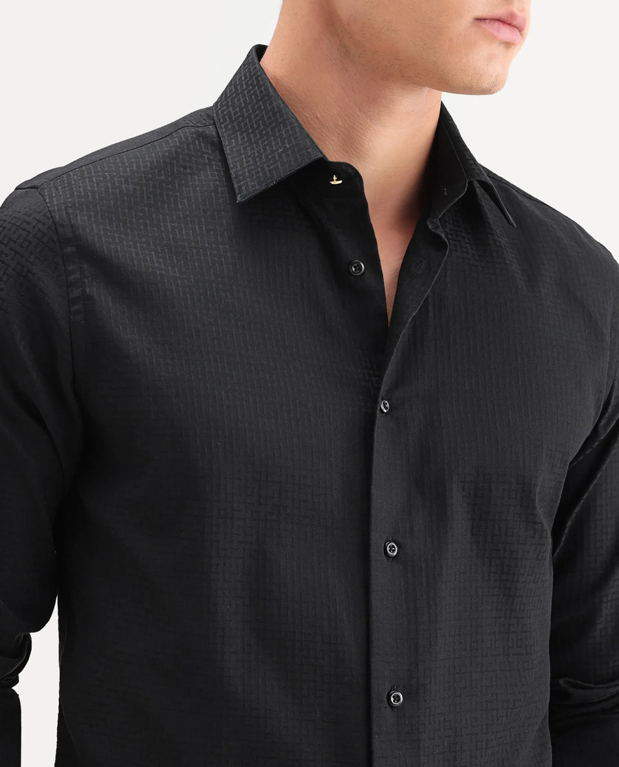 Rare Rabbit Men's Quard Black Cotton Fabric Full Sleeve Spread Collar Button Regular Textured Shirt