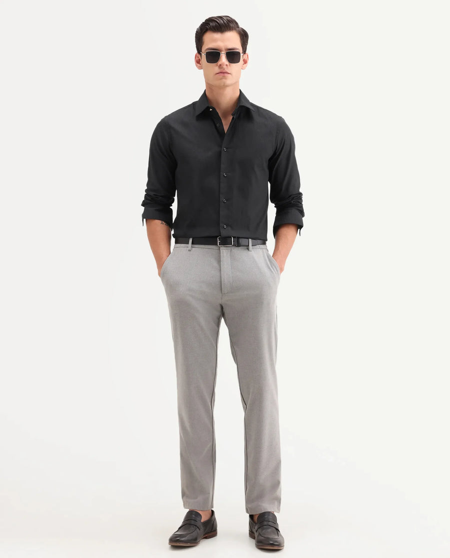 Rare Rabbit Men's Quard Black Cotton Fabric Full Sleeve Spread Collar Button Regular Textured Shirt