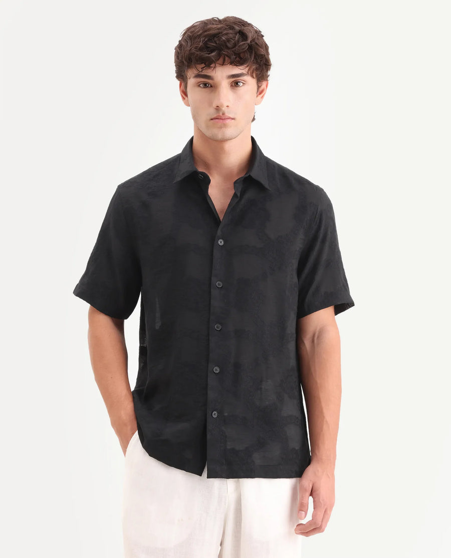 Rare Rabbit Men's Tesh Black Viscose Blend Fabric Half Sleeve Spread Collar Button Regular Jacquard Shirt