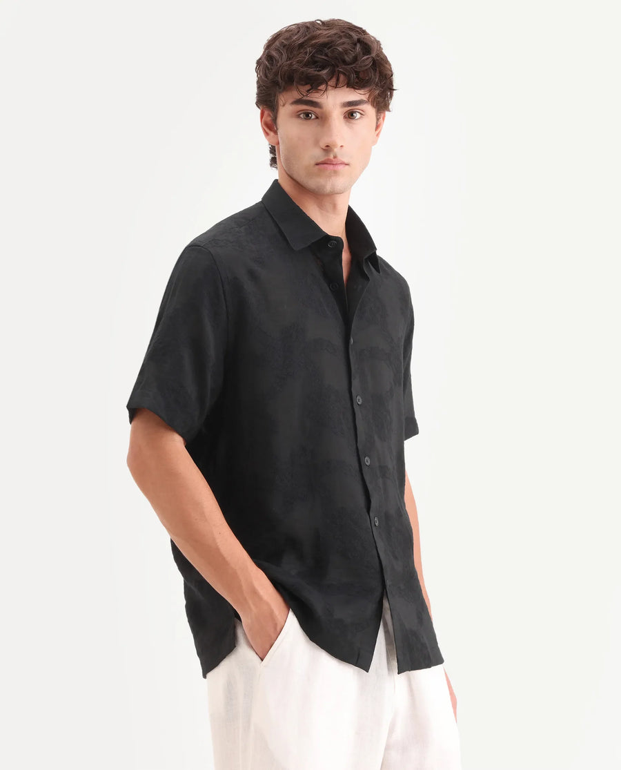 Rare Rabbit Men's Tesh Black Viscose Blend Fabric Half Sleeve Spread Collar Button Regular Jacquard Shirt