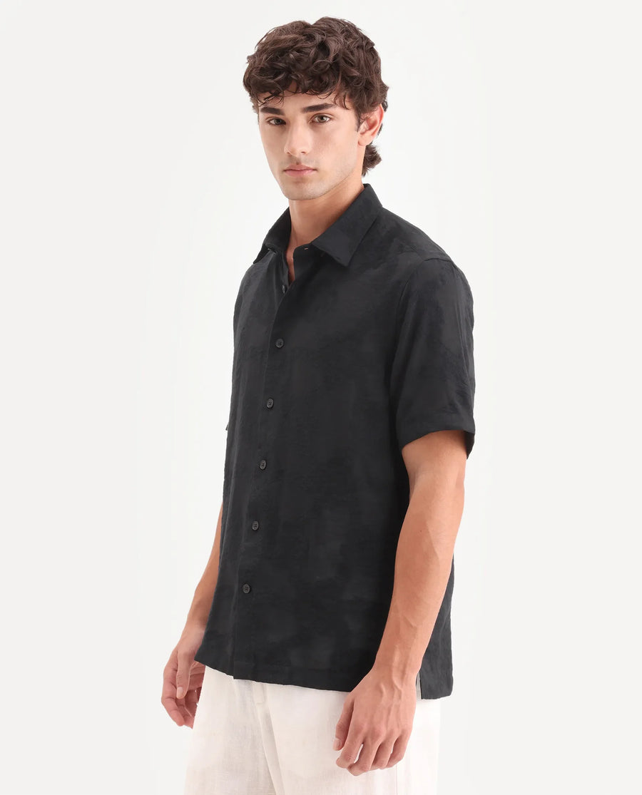 Rare Rabbit Men's Tesh Black Viscose Blend Fabric Half Sleeve Spread Collar Button Regular Jacquard Shirt