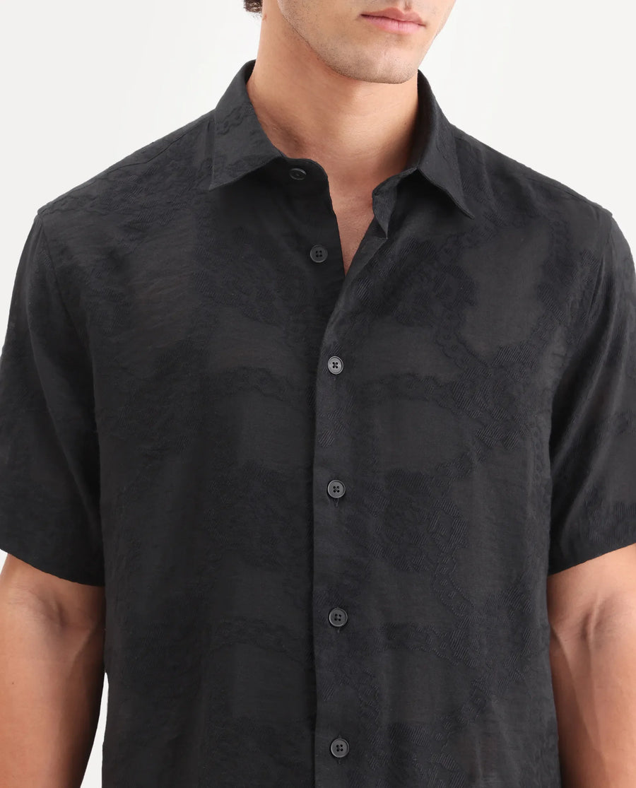 Rare Rabbit Men's Tesh Black Viscose Blend Fabric Half Sleeve Spread Collar Button Regular Jacquard Shirt