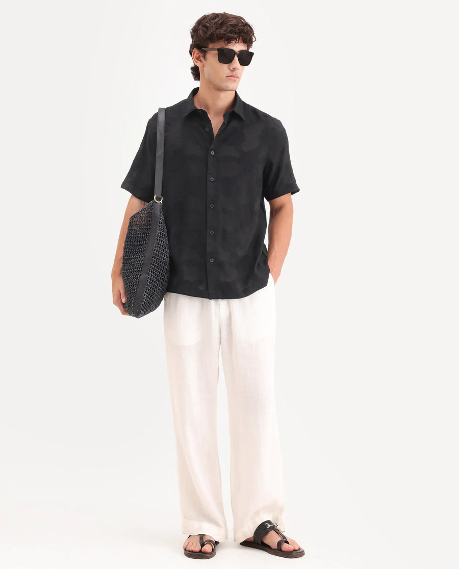 Rare Rabbit Men's Tesh Black Viscose Blend Fabric Half Sleeve Spread Collar Button Regular Jacquard Shirt