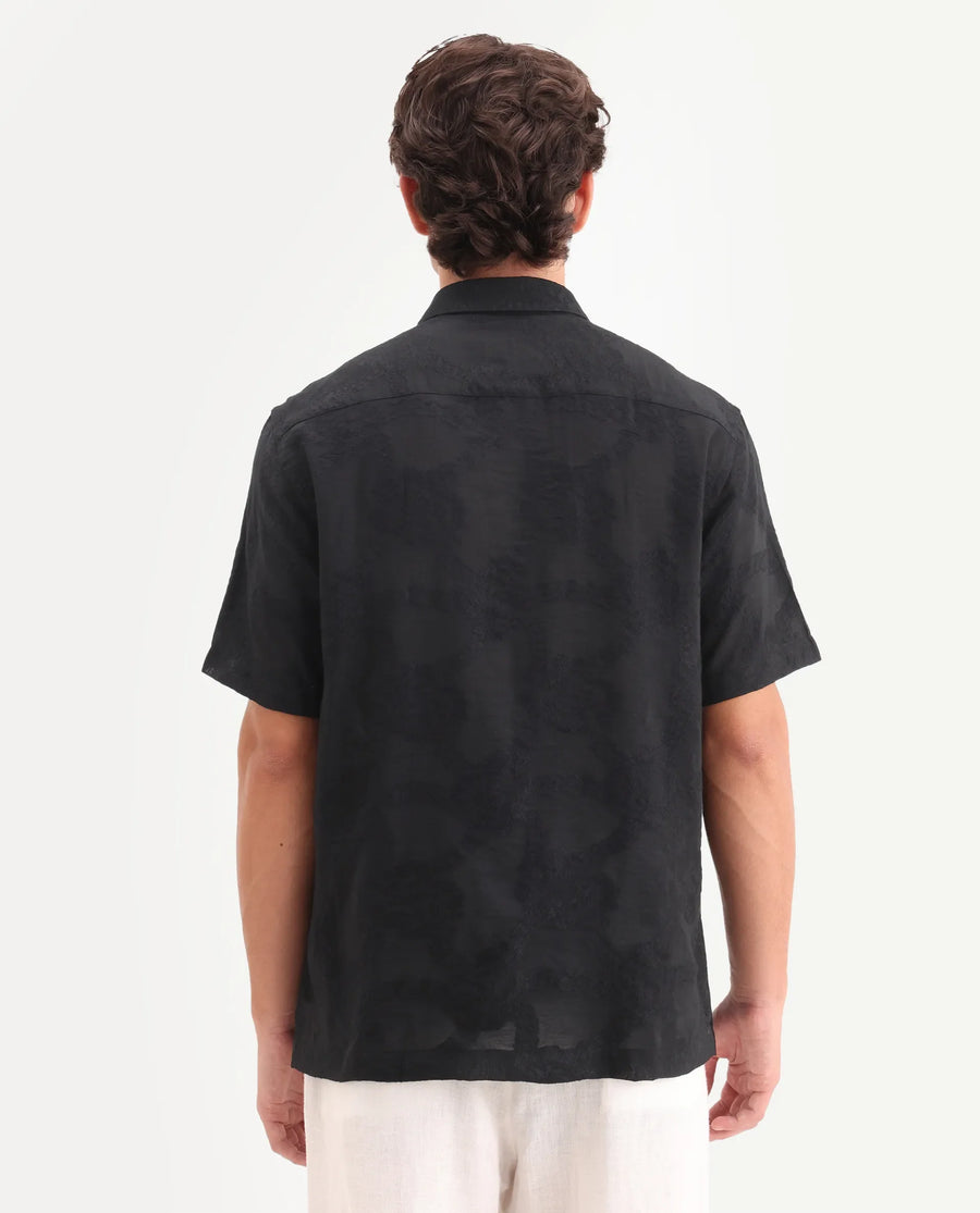 Rare Rabbit Men's Tesh Black Viscose Blend Fabric Half Sleeve Spread Collar Button Regular Jacquard Shirt