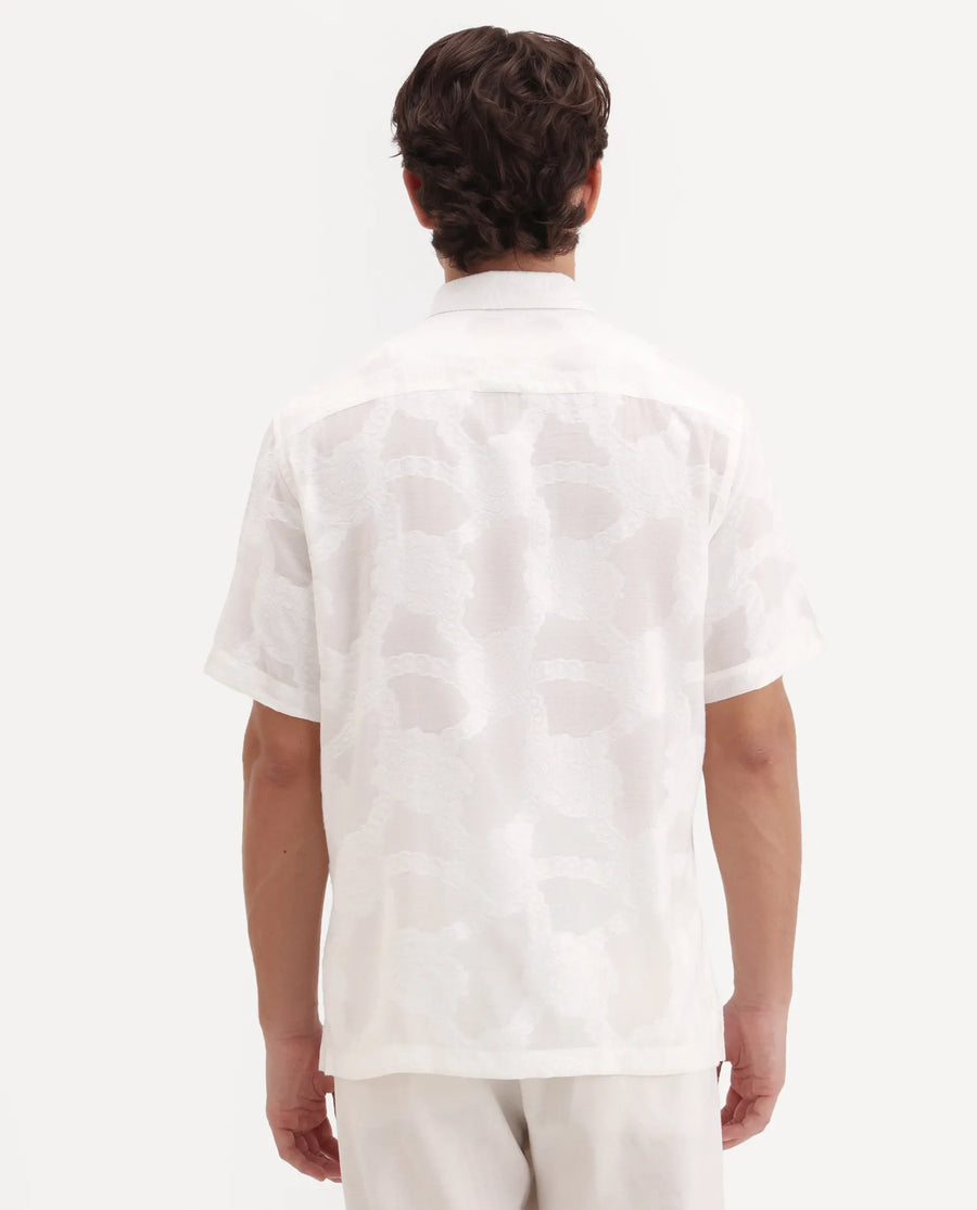 Rare Rabbit Men's Tesh Off White Viscose Blend Fabric Half Sleeve Spread Collar Button Regular Jacquard Shirt