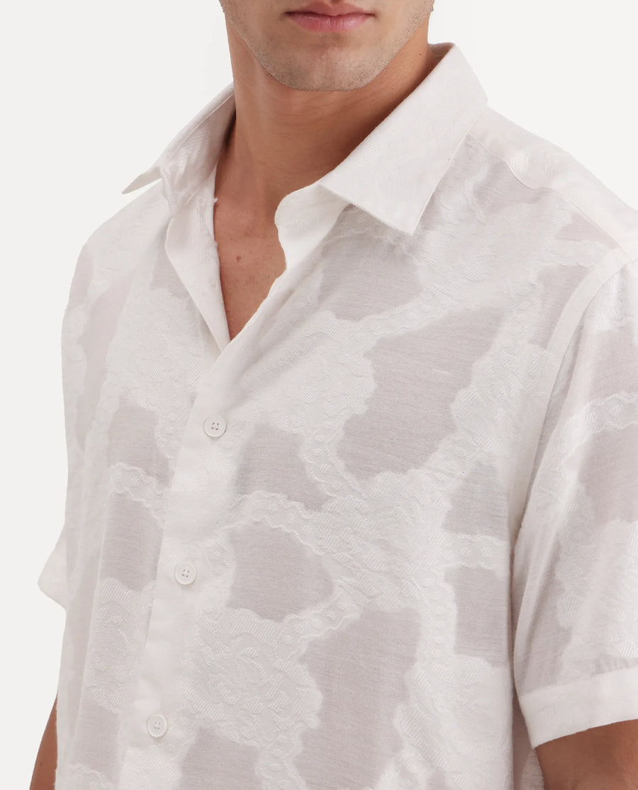 Rare Rabbit Men's Tesh Off White Viscose Blend Fabric Half Sleeve Spread Collar Button Regular Jacquard Shirt