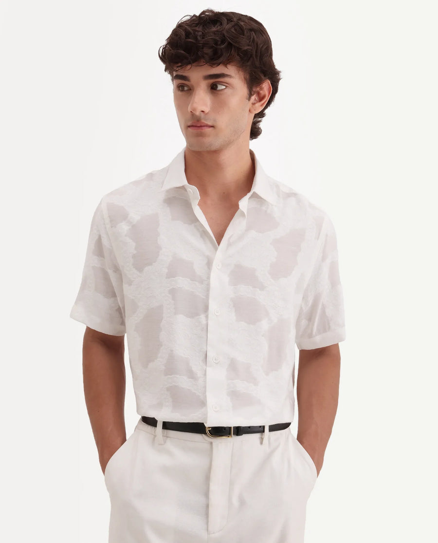 Rare Rabbit Men's Tesh Off White Viscose Blend Fabric Half Sleeve Spread Collar Button Regular Jacquard Shirt