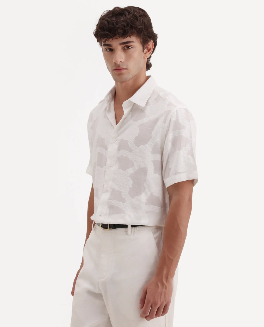 Rare Rabbit Men's Tesh Off White Viscose Blend Fabric Half Sleeve Spread Collar Button Regular Jacquard Shirt