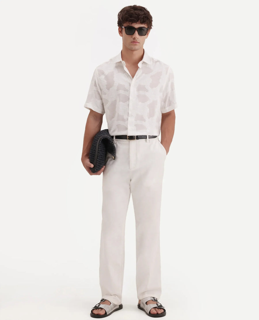 Rare Rabbit Men's Tesh Off White Viscose Blend Fabric Half Sleeve Spread Collar Button Regular Jacquard Shirt