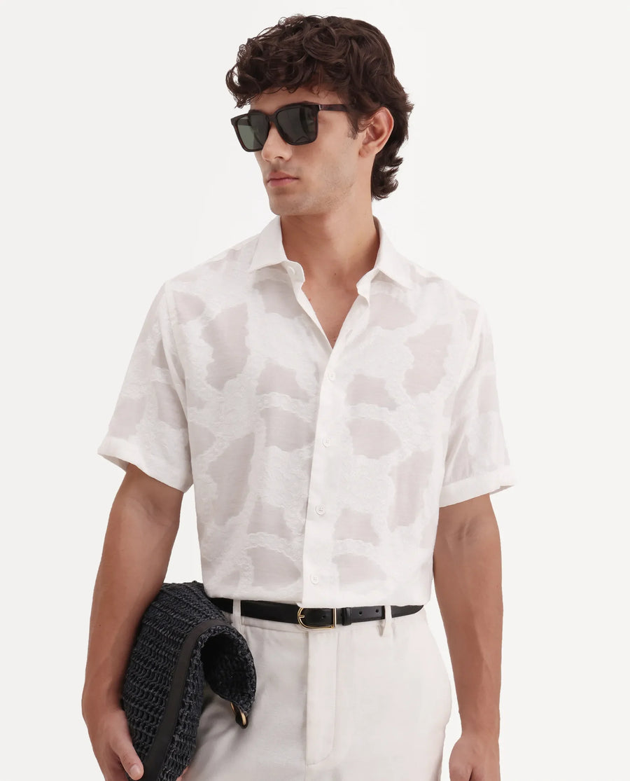 Rare Rabbit Men's Tesh Off White Viscose Blend Fabric Half Sleeve Spread Collar Button Regular Jacquard Shirt