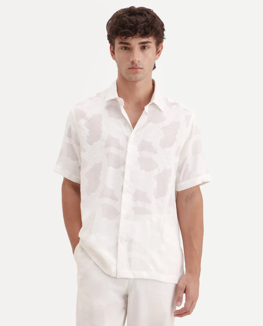 Rare Rabbit Men's Tesh Off White Viscose Blend Fabric Half Sleeve Spread Collar Button Regular Jacquard Shirt