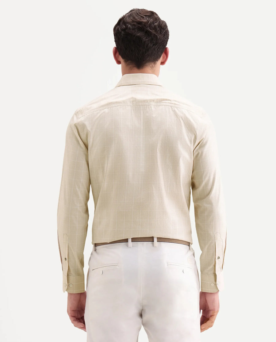 Rare Rabbit Men's Vales Light Beige Cotton Fabric Full Sleeve Spread Collar Button Regular Checked Shirt