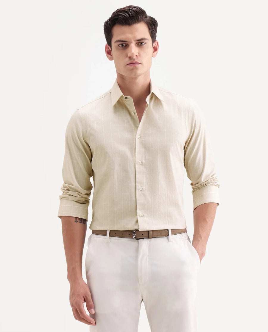 Rare Rabbit Men's Vales Light Beige Cotton Fabric Full Sleeve Spread Collar Button Regular Checked Shirt