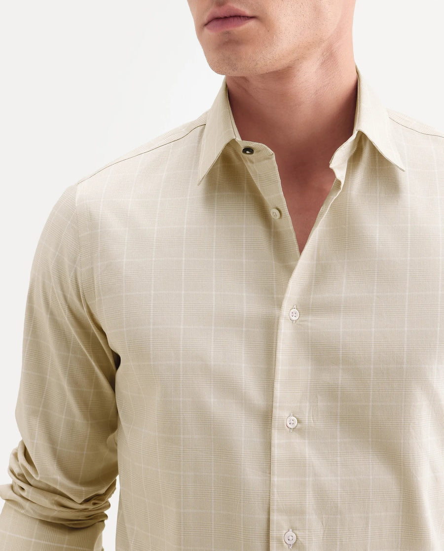 Rare Rabbit Men's Vales Light Beige Cotton Fabric Full Sleeve Spread Collar Button Regular Checked Shirt
