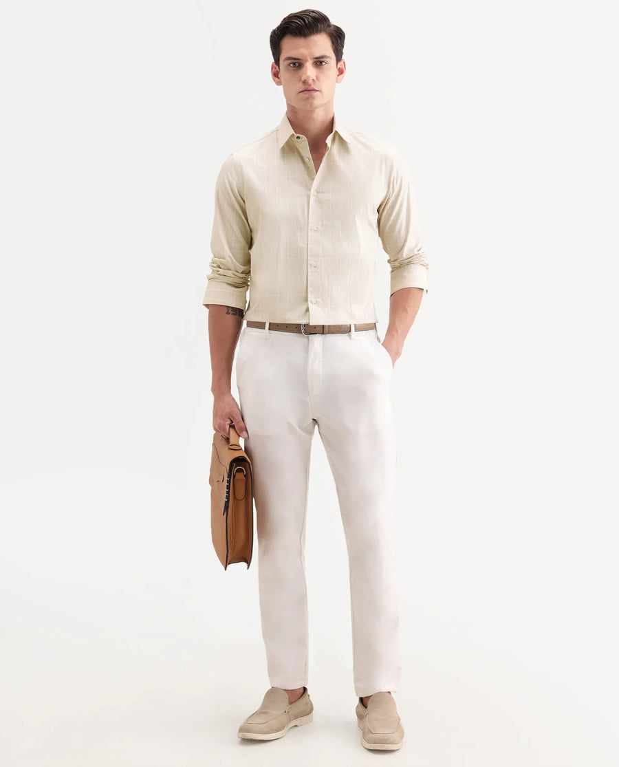 Rare Rabbit Men's Vales Light Beige Cotton Fabric Full Sleeve Spread Collar Button Regular Checked Shirt