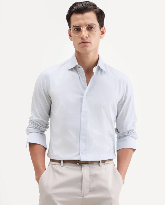 Rare Rabbit Men's Aren Light Blue Cotton Fabric Full Sleeve Spread Collar Button Regular Checked Shirt