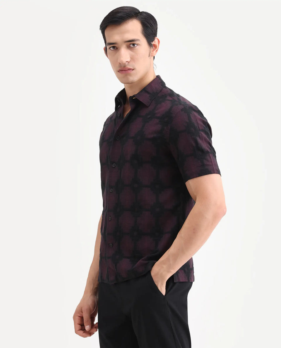 Rare Rabbit Men's Rato Dark Red Cotton Fabric Half Sleeve Spread Collar Button Regular Jacquard Shirt