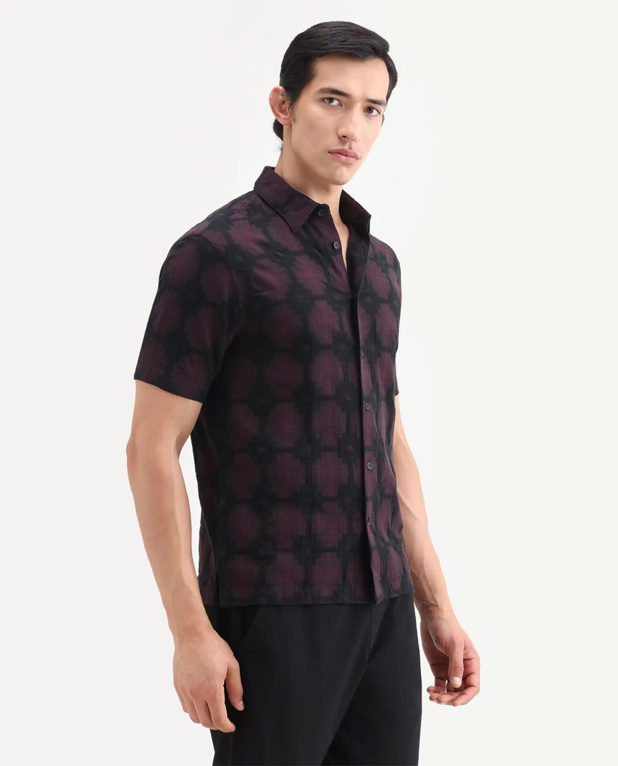 Rare Rabbit Men's Rato Dark Red Cotton Fabric Half Sleeve Spread Collar Button Regular Jacquard Shirt