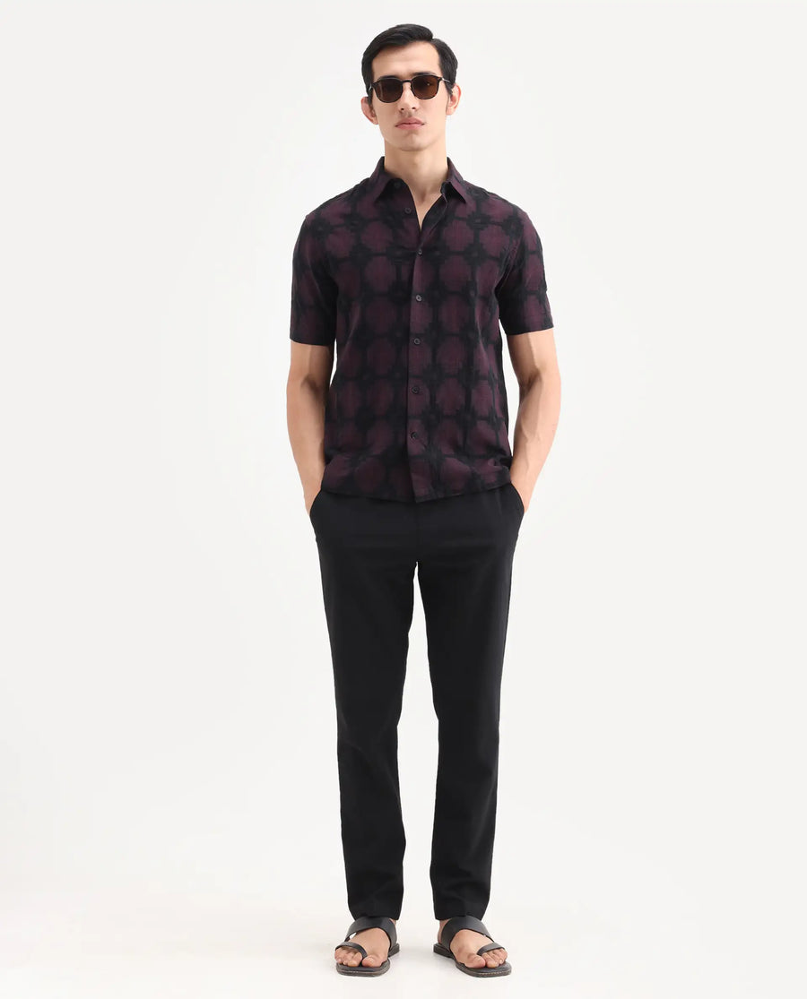 Rare Rabbit Men's Rato Dark Red Cotton Fabric Half Sleeve Spread Collar Button Regular Jacquard Shirt