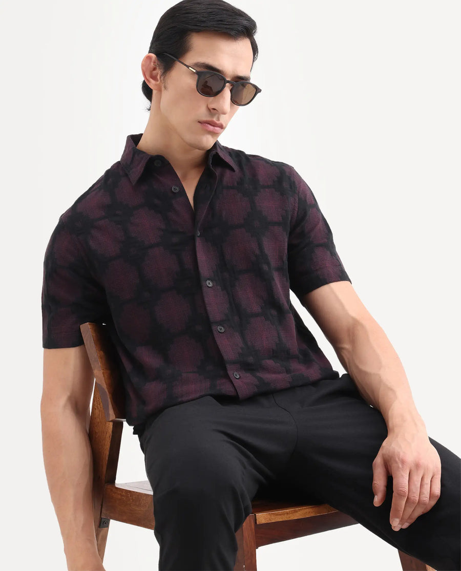 Rare Rabbit Men's Rato Dark Red Cotton Fabric Half Sleeve Spread Collar Button Regular Jacquard Shirt