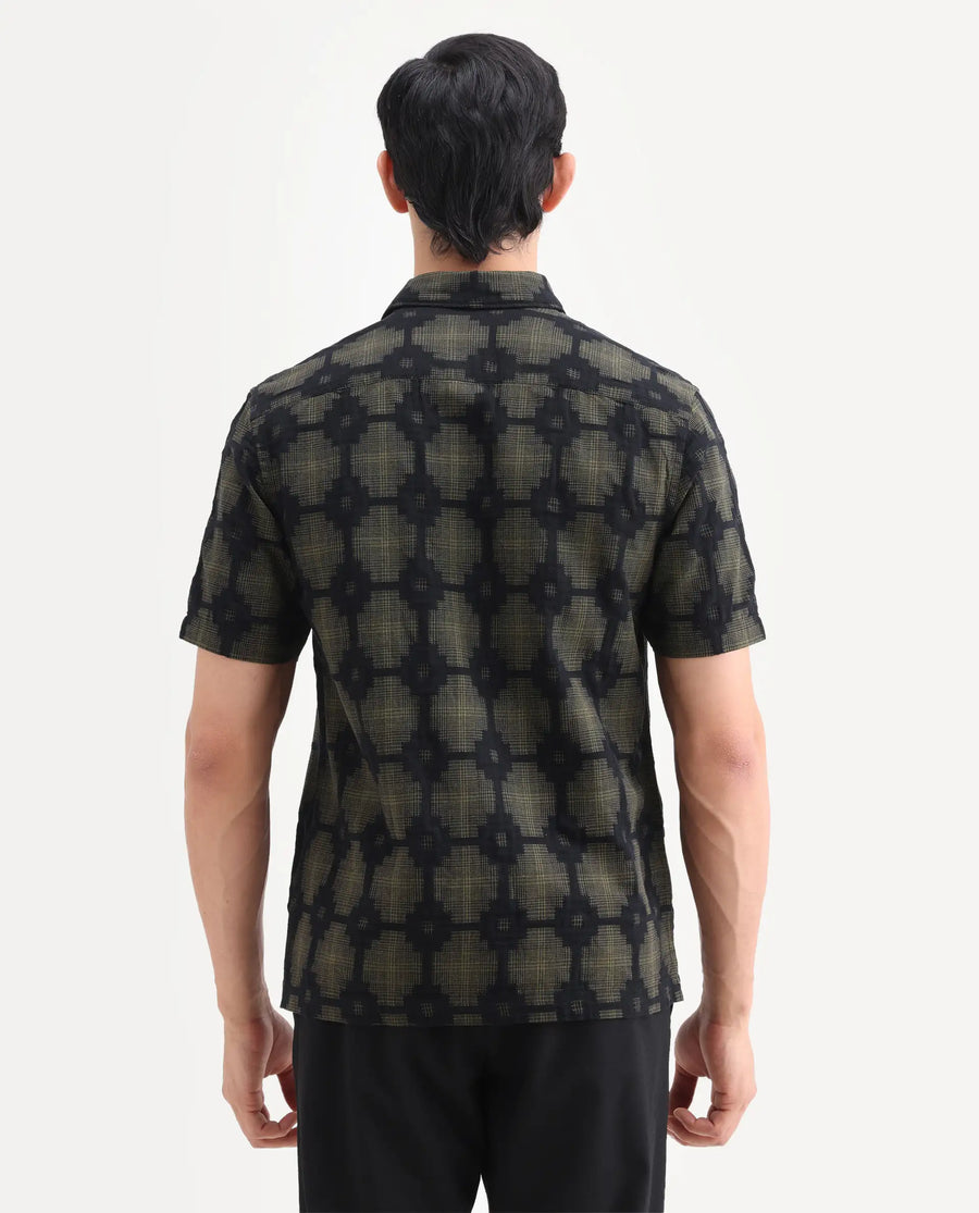 Rare Rabbit Men's Rato Dark Green Cotton Fabric Half Sleeve Spread Collar Button Regular Jacquard Shirt