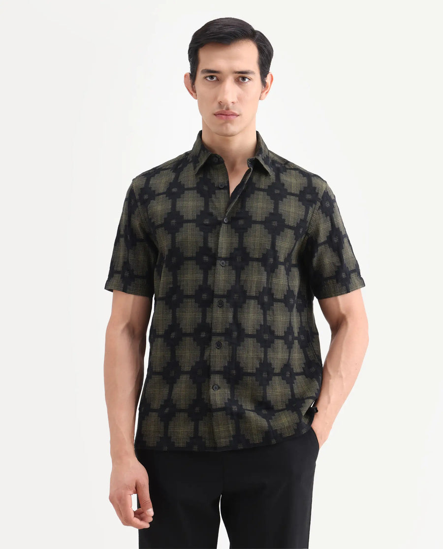 Rare Rabbit Men's Rato Dark Green Cotton Fabric Half Sleeve Spread Collar Button Regular Jacquard Shirt