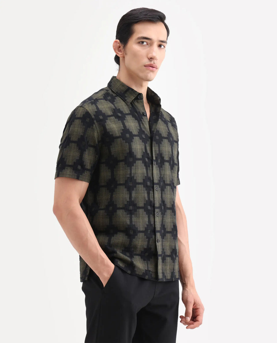 Rare Rabbit Men's Rato Dark Green Cotton Fabric Half Sleeve Spread Collar Button Regular Jacquard Shirt