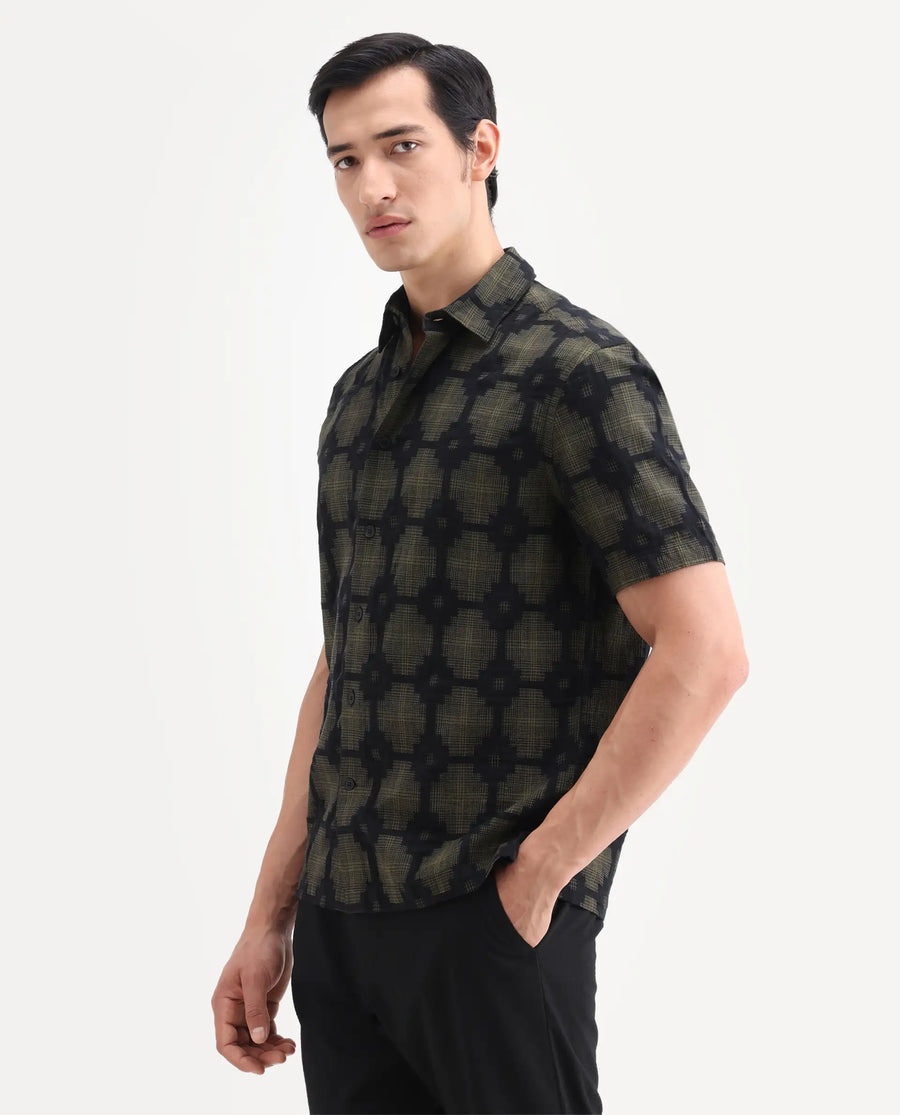 Rare Rabbit Men's Rato Dark Green Cotton Fabric Half Sleeve Spread Collar Button Regular Jacquard Shirt