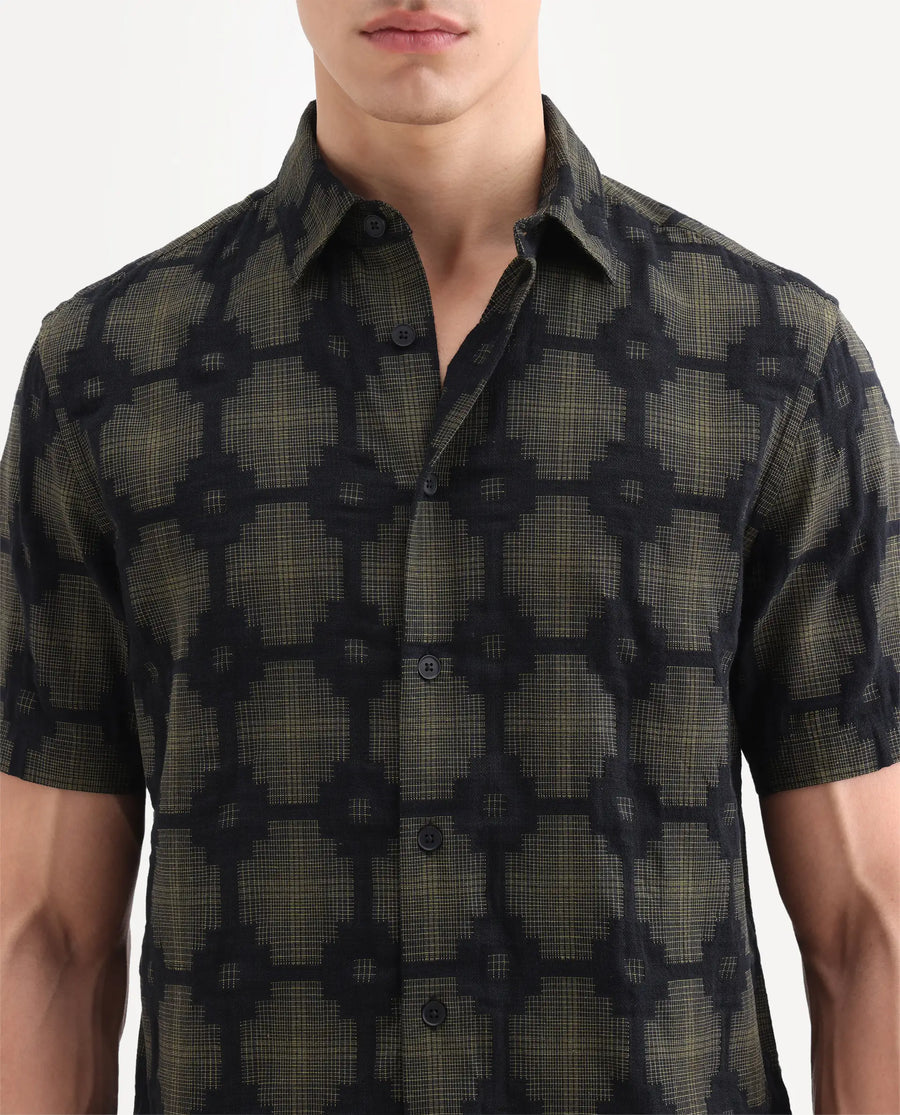 Rare Rabbit Men's Rato Dark Green Cotton Fabric Half Sleeve Spread Collar Button Regular Jacquard Shirt