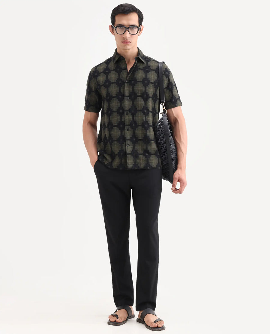 Rare Rabbit Men's Rato Dark Green Cotton Fabric Half Sleeve Spread Collar Button Regular Jacquard Shirt